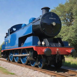 A meticulously detailed E2 tank engine, gleaming with a fresh coat of blue paint, resting on its tracks under a clear, sunny sky.