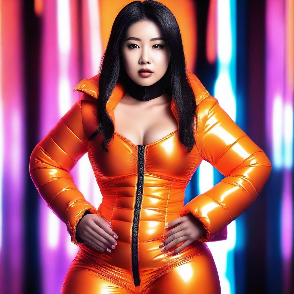 A fashionable Asian woman wearing a tight, shiny orange puffer corset, posing confidently