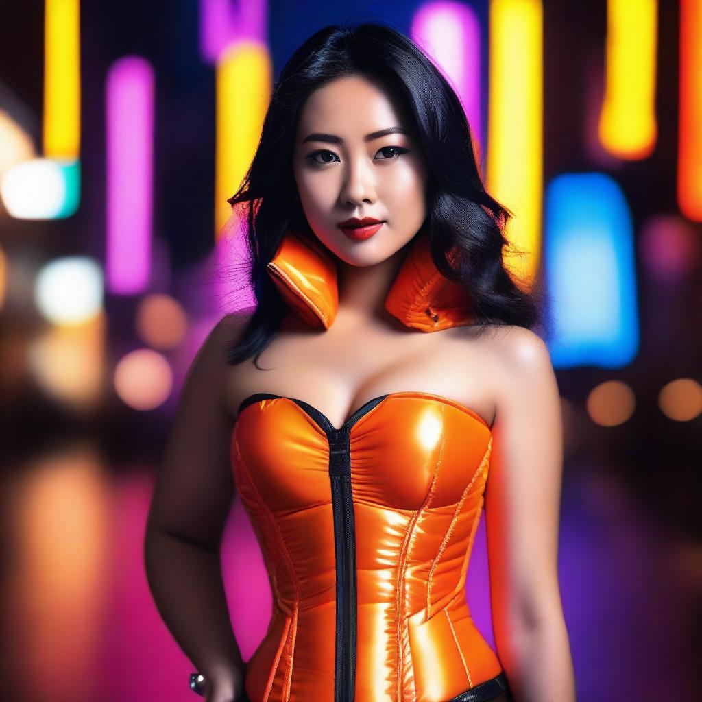 A fashionable Asian woman wearing a tight, shiny orange puffer corset, posing confidently