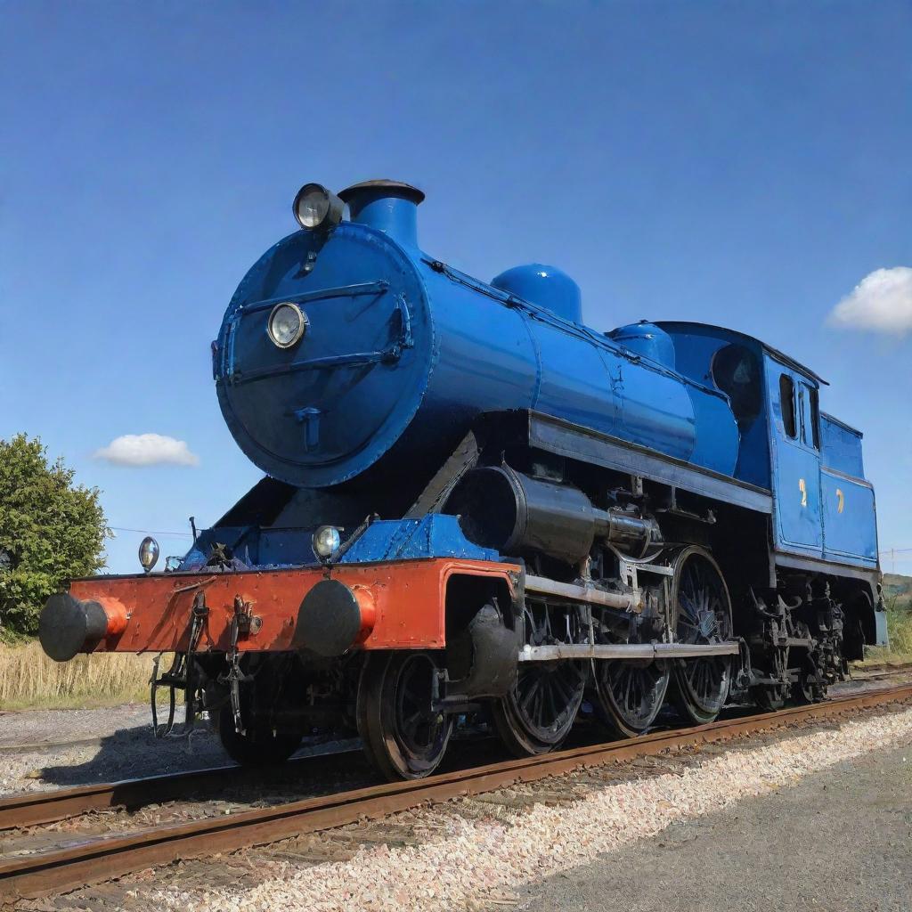 A meticulously detailed E2 tank engine, gleaming with a fresh coat of blue paint, resting on its tracks under a clear, sunny sky.