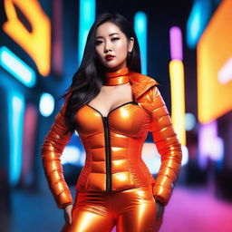 A fashionable Asian woman wearing a tight, shiny orange puffer corset, posing confidently