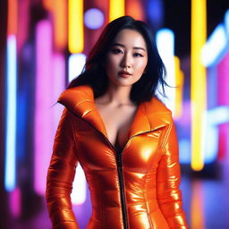 A fashionable Asian woman wearing a tight, shiny orange puffer corset, posing confidently in a modern urban setting with vibrant neon lights