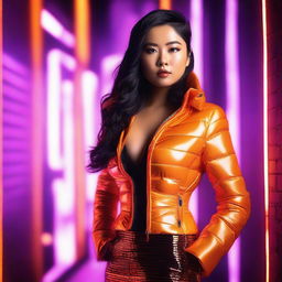 A fashionable Asian woman wearing a tight, shiny orange puffer corset, posing confidently in a modern urban setting with vibrant neon lights