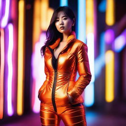 A fashionable Asian woman wearing a tight, shiny orange puffer corset, posing confidently in a modern urban setting with vibrant neon lights