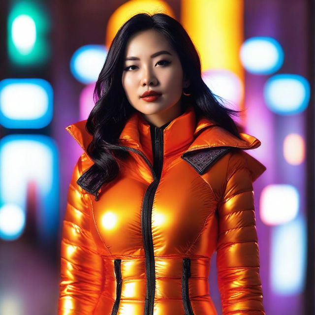 A fashionable Asian woman wearing a tight, shiny orange puffer corset, posing confidently in a modern urban setting with vibrant neon lights