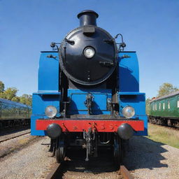 A meticulously detailed E2 tank engine, gleaming with a fresh coat of blue paint, resting on its tracks under a clear, sunny sky.