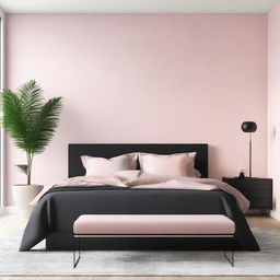 A modern bedroom featuring black furniture with a white and pink wall