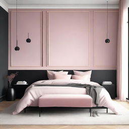 A modern bedroom featuring black furniture with a white and pink wall