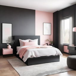 A modern bedroom featuring black furniture with a white and pink wall