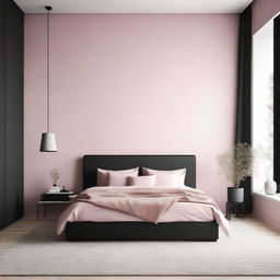 A modern bedroom featuring black furniture with a white and pink wall