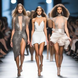 Create a detailed image of various fashion models walking down a runway