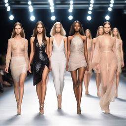 Create a detailed image of various fashion models walking down a runway