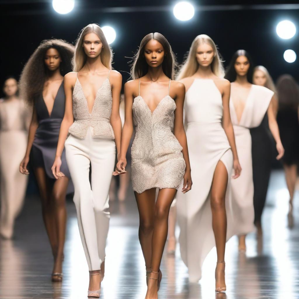 Create a detailed image of various fashion models walking down a runway