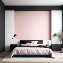 A cozy bedroom featuring a black bed against a wall that is painted half white and half pink