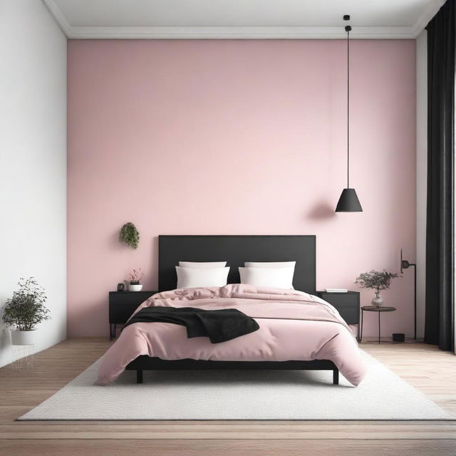 A cozy bedroom featuring a black bed against a wall that is painted half white and half pink