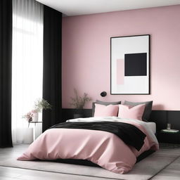 A cozy bedroom featuring a black bed against a wall that is painted half white and half pink