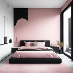 A cozy bedroom featuring a black bed against a wall that is painted half white and half pink