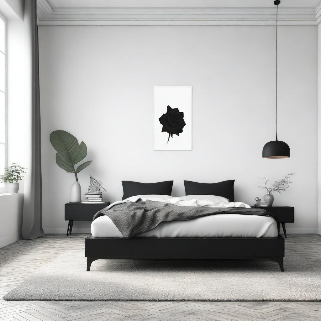 A minimalist bedroom with white walls, a single rose, and black furniture