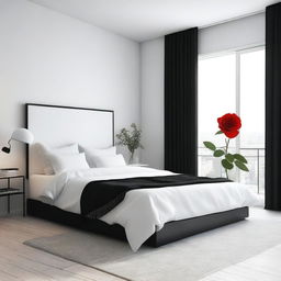 A minimalist bedroom with white walls, a single rose, and black furniture