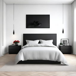 A minimalist bedroom with white walls, a single rose, and black furniture