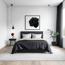 A minimalist bedroom with white walls, a single rose, and black furniture