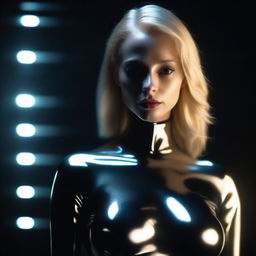 A striking and attractive female with blonde hair, wearing a latex outfit, standing in a dark room illuminated by small spotlights