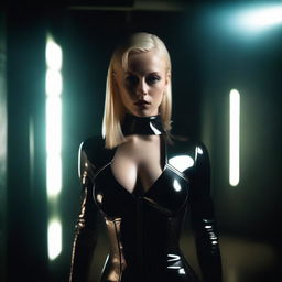 A striking and attractive female with blonde hair, wearing a latex outfit, standing in a dark room illuminated by small spotlights