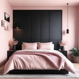 A cozy bedroom featuring black furniture and a pink and white wall