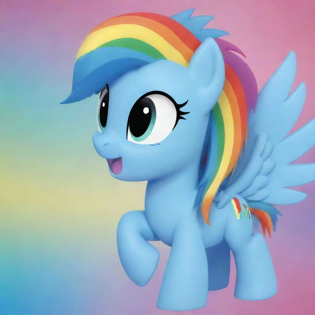 Generate a vibrant, animated image of the upbeat and playful character Rainbow Dash from My Little Pony, showcasing her vivid rainbow-colored mane and azure blue body.