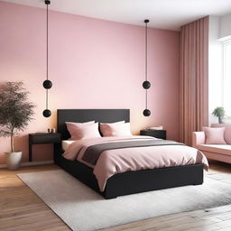 A cozy bedroom featuring black furniture and a pink and white wall