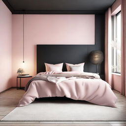 A cozy bedroom featuring black furniture and a pink and white wall