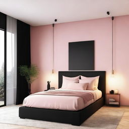 A cozy bedroom featuring black furniture and a pink and white wall