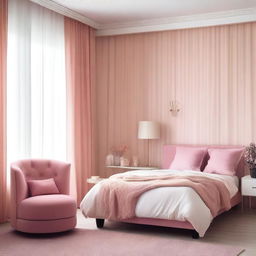 A cozy bedroom with white and pink walls, featuring a pink armchair and pink curtains