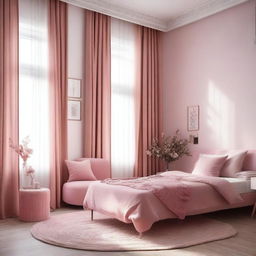 A cozy bedroom with white and pink walls, featuring a pink armchair and pink curtains