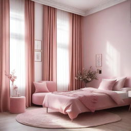 A cozy bedroom with white and pink walls, featuring a pink armchair and pink curtains