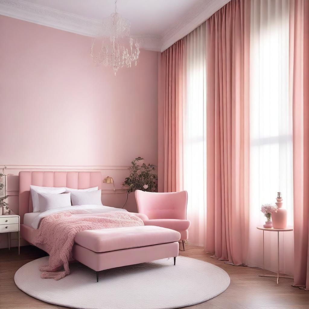 A cozy bedroom with white and pink walls, featuring a pink armchair and pink curtains