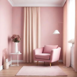 A cozy bedroom with white and pink walls, featuring a pink armchair and pink curtains