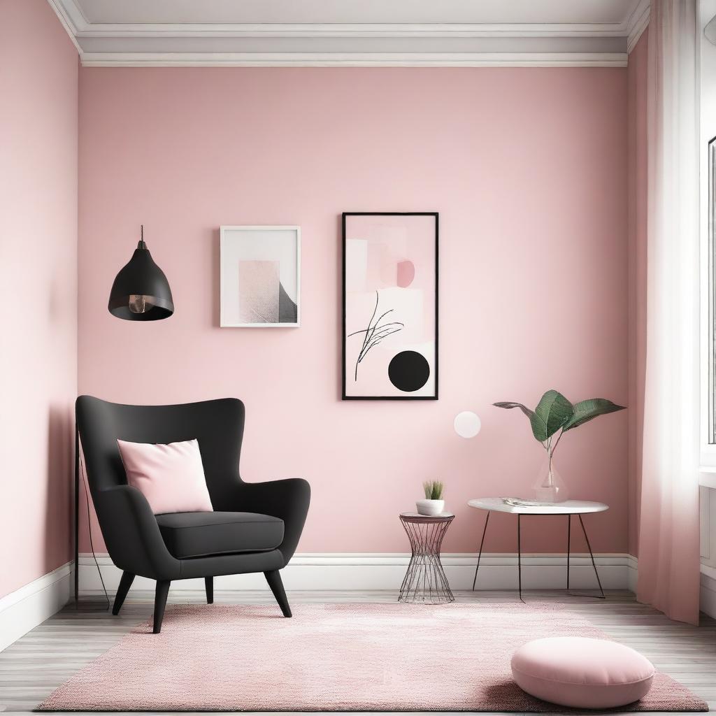 A bedroom with black furniture, a pink and white wall, and a pink armchair