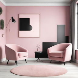 A bedroom with black furniture, a pink and white wall, and a pink armchair