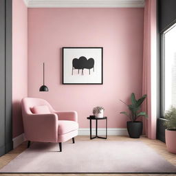 A bedroom with black furniture, a pink and white wall, and a pink armchair