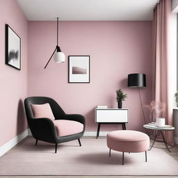 A bedroom with black furniture, a pink and white wall, and a pink armchair