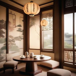 An elegant oriental tea salon with traditional Asian design elements