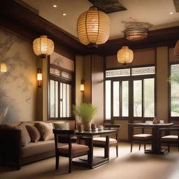 An elegant oriental tea salon with traditional Asian design elements