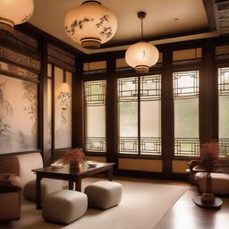 An elegant oriental tea salon with traditional Asian design elements