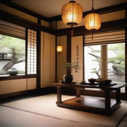 A serene oriental tea room with traditional wooden furniture, tatami mats, and paper lanterns hanging from the ceiling