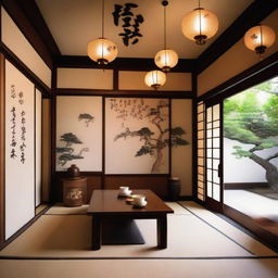 A serene oriental tea room with traditional wooden furniture, tatami mats, and paper lanterns hanging from the ceiling