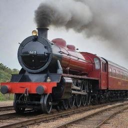 An impeccably maintained LMS Jubilee class steam tender engine, radiating an aura of grandeur as it stands majestically on gleaming metal tracks.