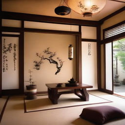 A serene oriental tea room with traditional wooden furniture, tatami mats, and paper lanterns hanging from the ceiling