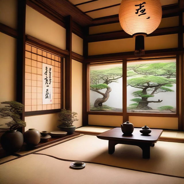 A serene oriental tea room with traditional wooden furniture, tatami mats, and paper lanterns hanging from the ceiling