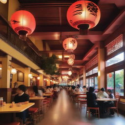 A vibrant and bustling oriental cafeteria filled with people enjoying various Asian dishes